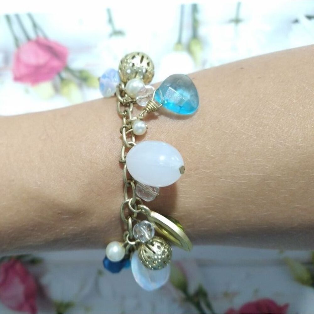 George Gold Tone Charm Bracelet Turquoise Blue White Lucite Bead Accents Signed
